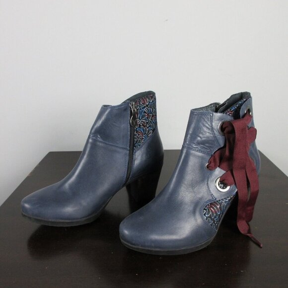 Portofino Women's Ankle Boots Booties Heels Side Lace-up Almond Toe 39 Navy 880 - Picture 1 of 9